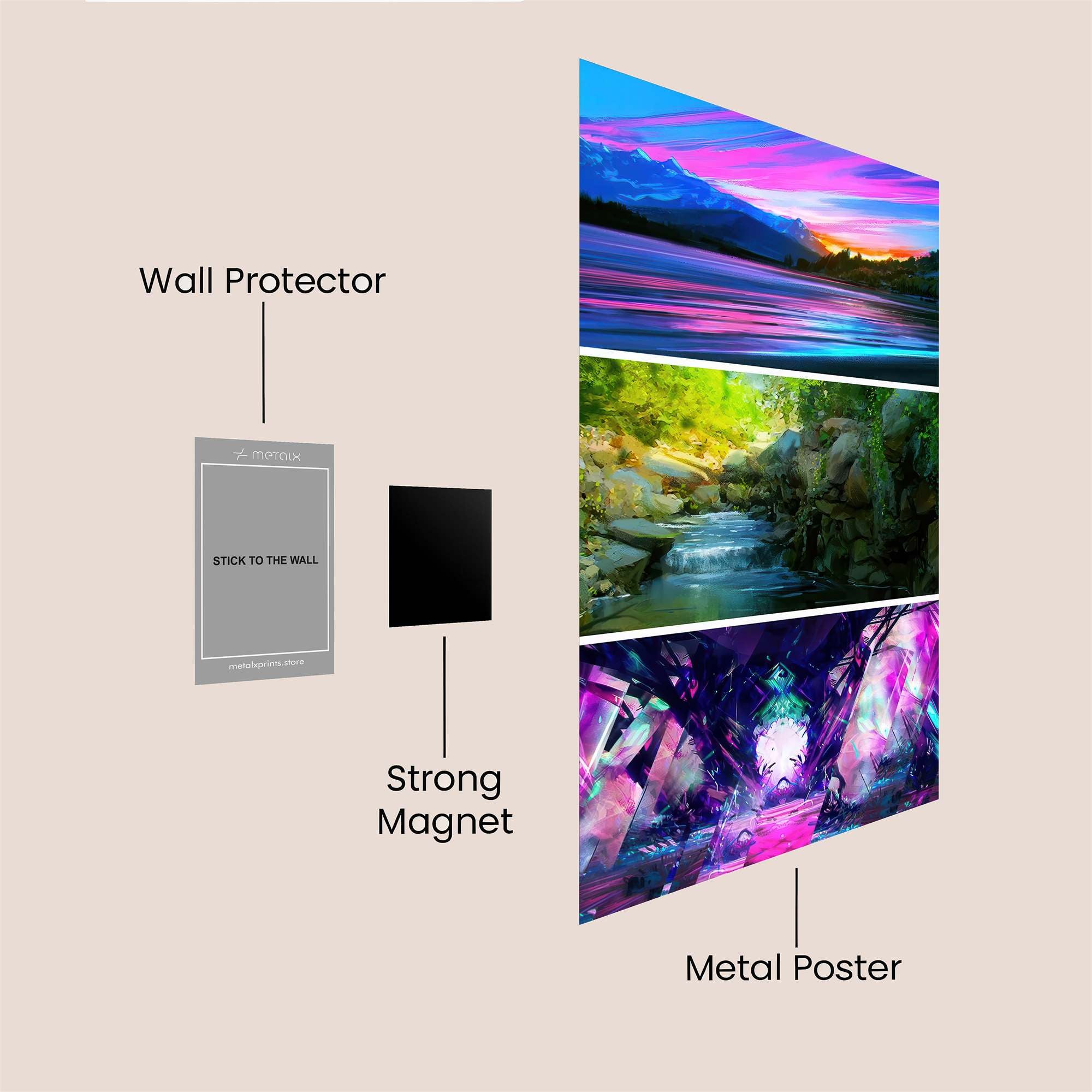 Sunset Serenity, Forest Flow, Crystal Cavern Safe Wall Magnetic / M