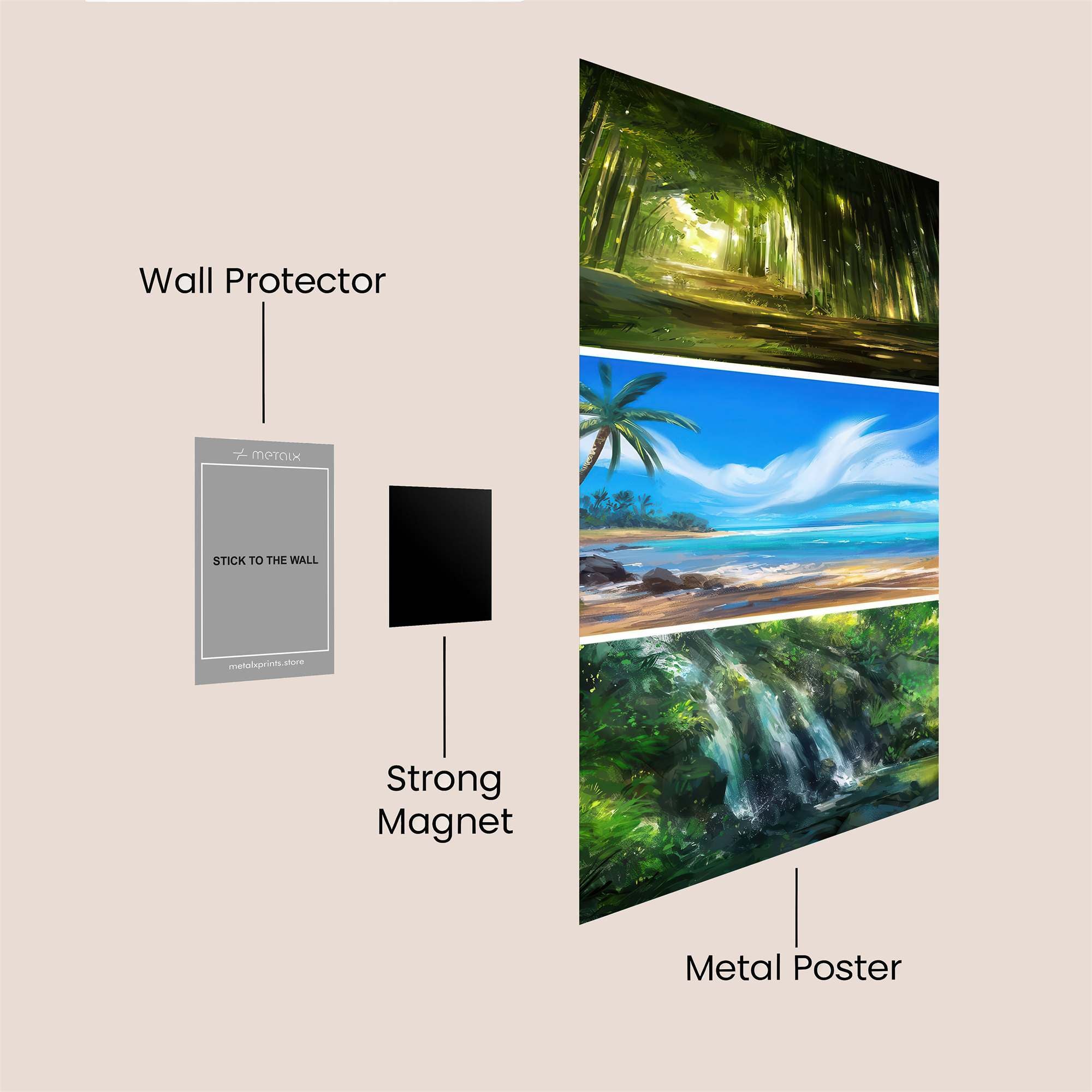 Forest Serenity, Beach Bliss, Waterfall Wonder Safe Wall Magnetic / M