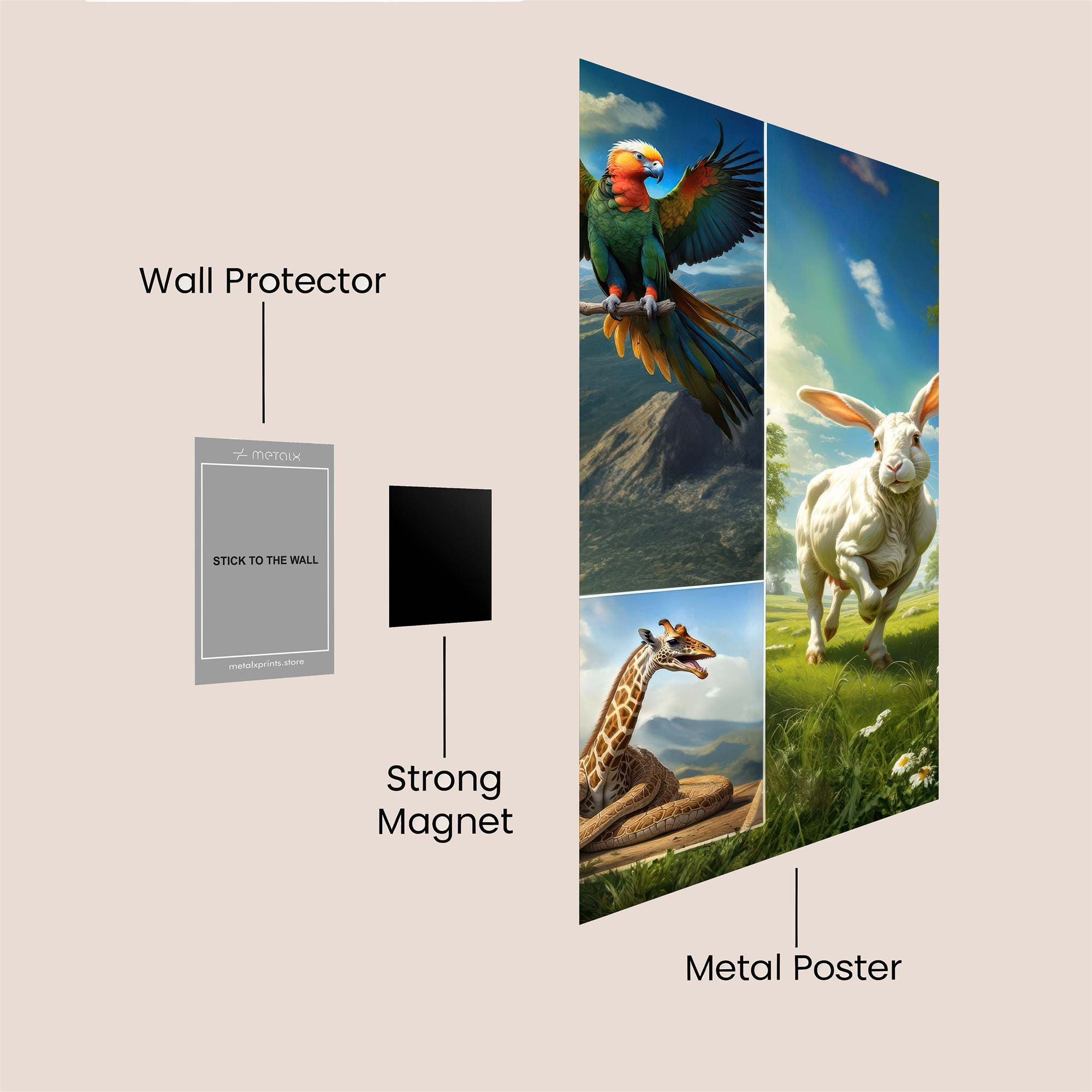 Parrot Serenity, Rabbit Joy, Giraffe Curiosity Safe Wall Magnetic / M
